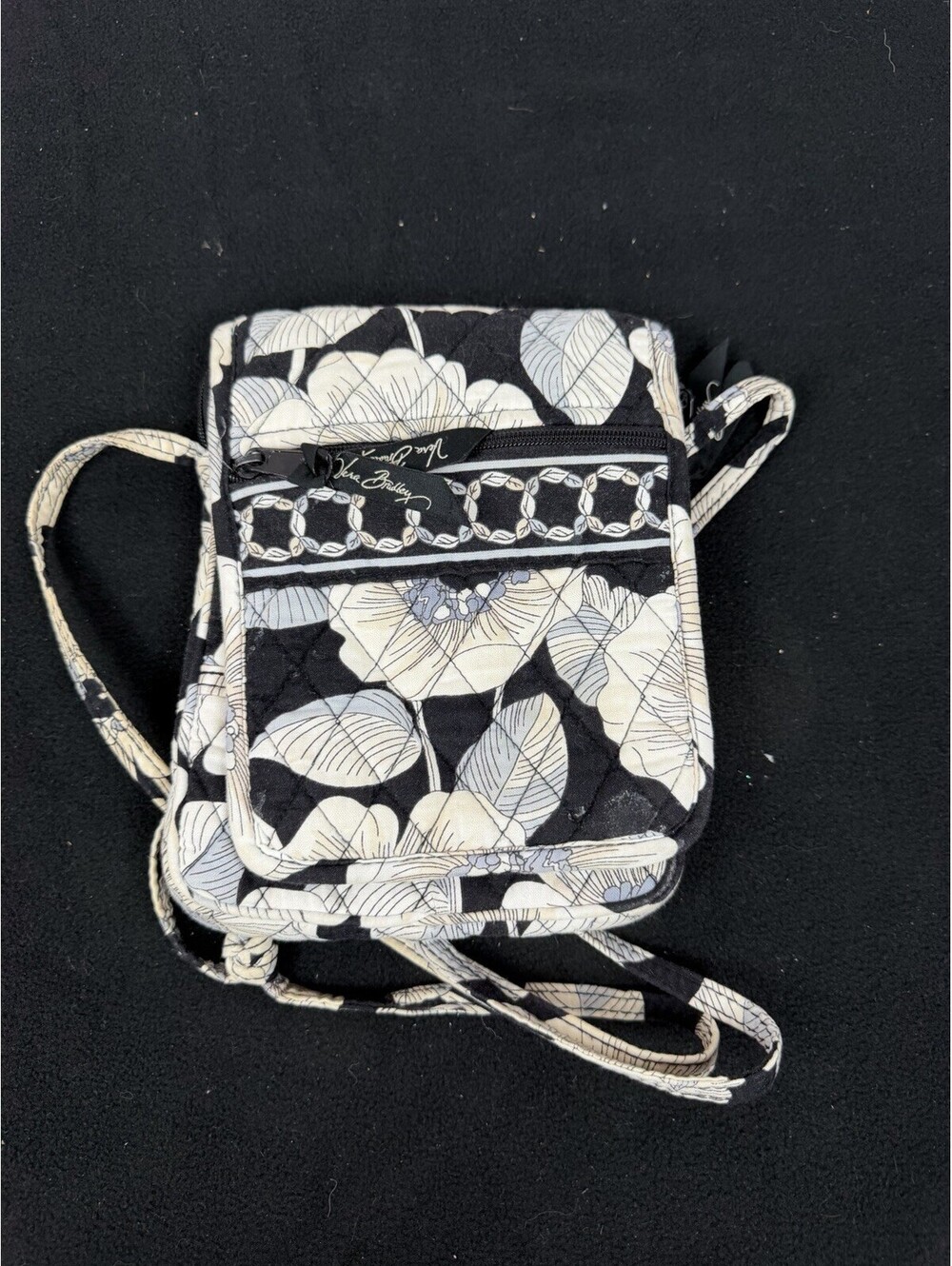 Vera Bradley Camellia Crossbody Bag Black Floral Quilted Cotton Mini Hipster